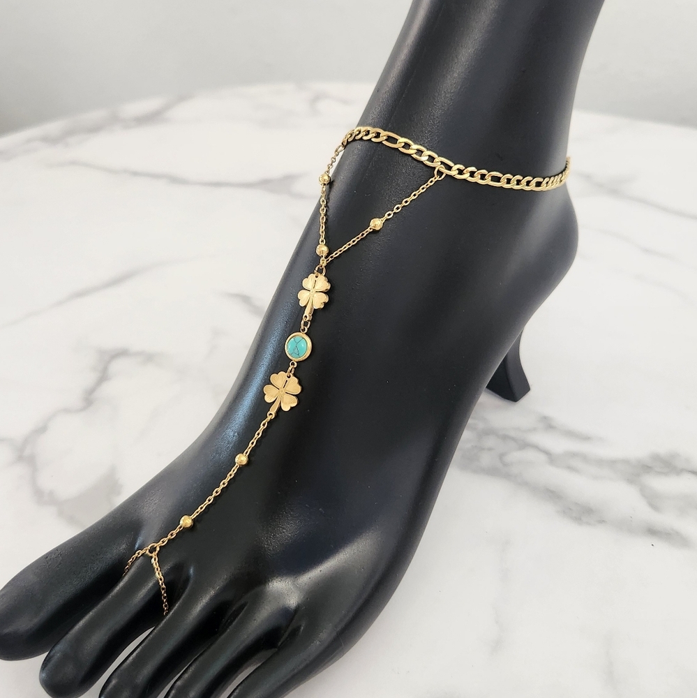 ​Y2K Gold Double Layer Foot Anklet Turquoise Clover Barefoot Chain Sandal - Picture 7 of 12